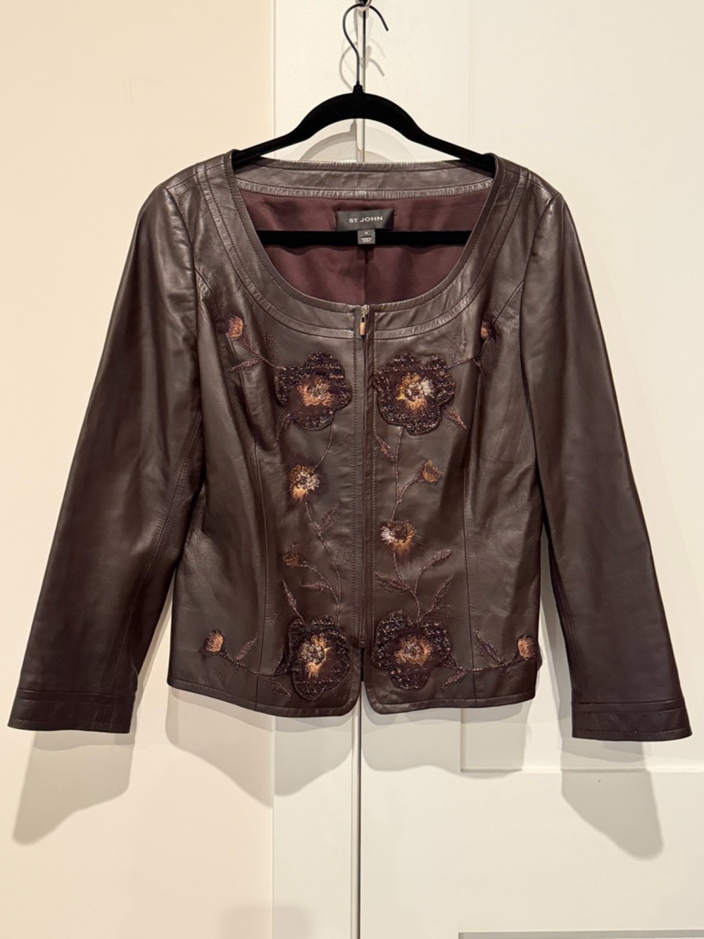 St. John Brown Lamb Leather Floral Embroidered Zip Jacket Sz 10 EUC Quiet Luxury